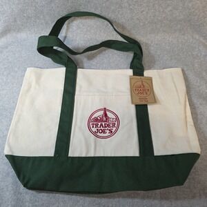 Trader Joe's Large Canvas Tote Reusable Bag 20x14x6" Green/White * NEW *